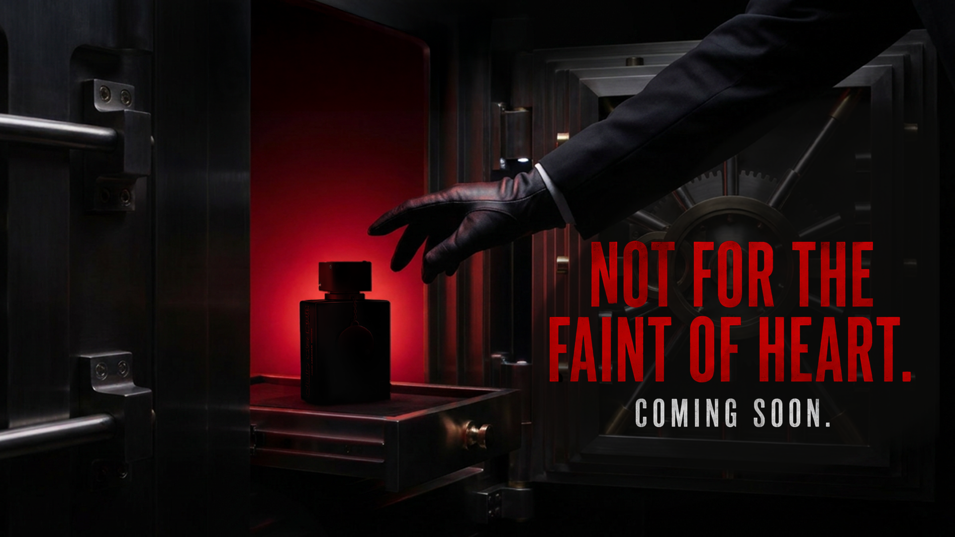 Vault campaign teaser with bottle and red text